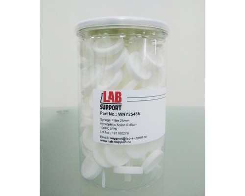 Nylon, WS 0.45 мкм, 25 мм, шприцевые фильтры, белые, 100 шт/уп, Lab-Support, Китай